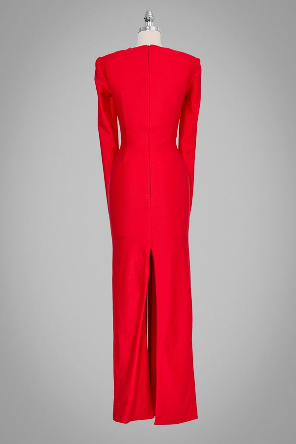 Elegantes rotes Kleid mit Cut-outs, langen Ärmeln und figurbetonter Silhouette,