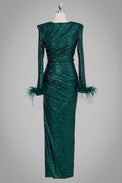 Langes, grünes Paillettenkleid mit langen Ärmeln, Federn an den Bündchen und figurbetonter Silhouette.