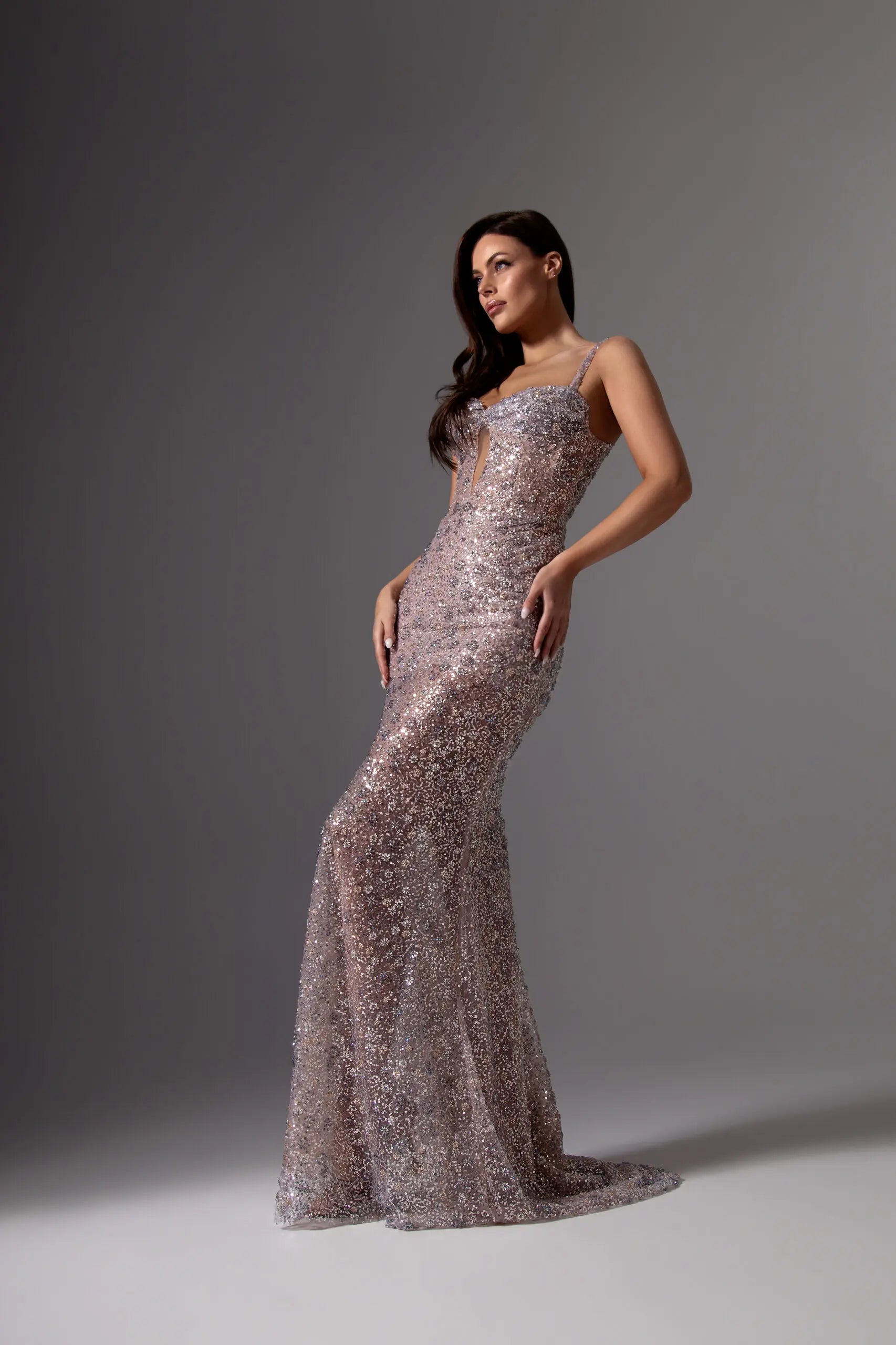 Bodenlanges, glitzerndes Abendkleid mit transparenten Details, getragen von einem Model in eleganter Pose.